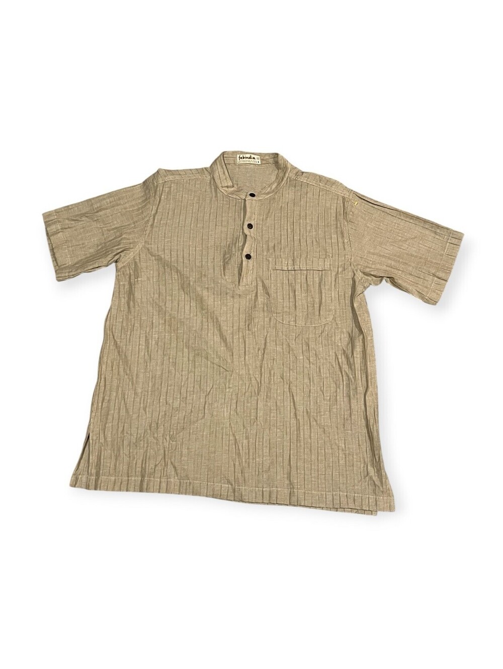 Fabindia Mens Beige Cotton Stripe Short Kurta Mandarin Collar Shirt Size 40